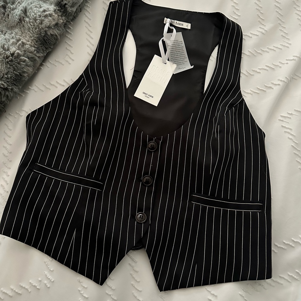 Grace Karin Elegant Black Pin Stripped Vest